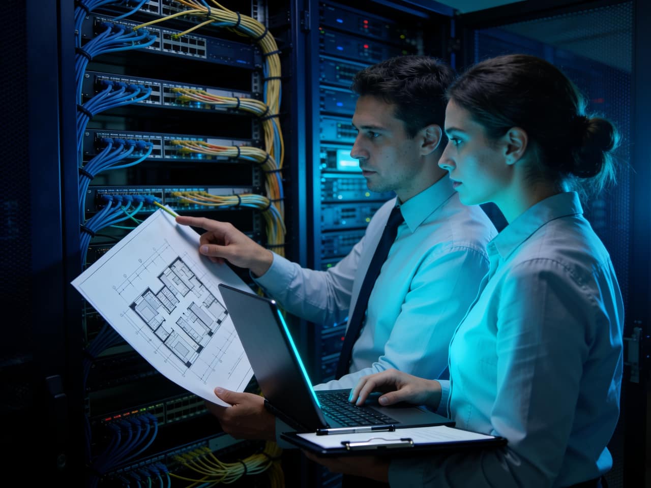 Two Legacy Low Voltage technicians reviewing a building floor plan in a server room