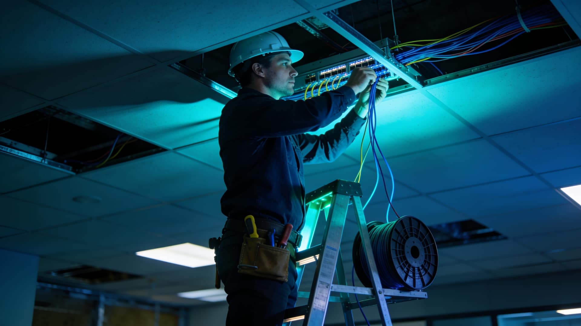 Low voltage technician installing network cabling into a commercial ceiling grid
