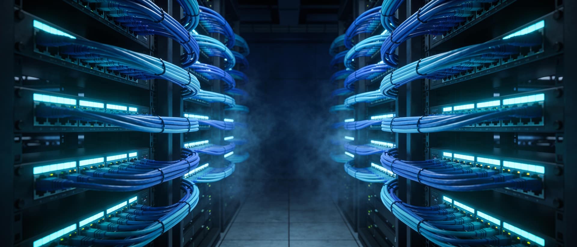Enterprise server room with meticulously organized blue network cabling running between racks