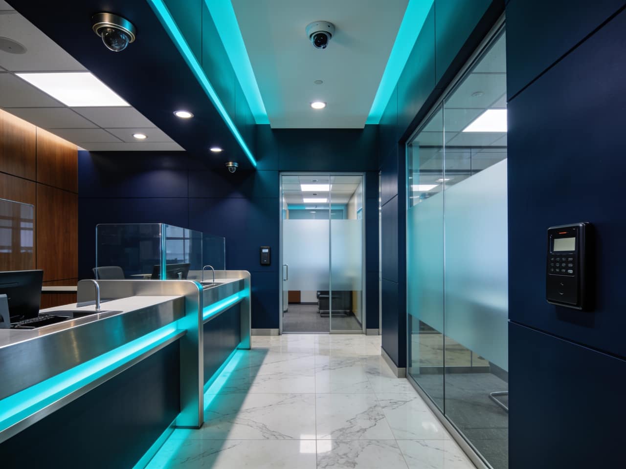 Modern bank branch interior with teller counters and private offices