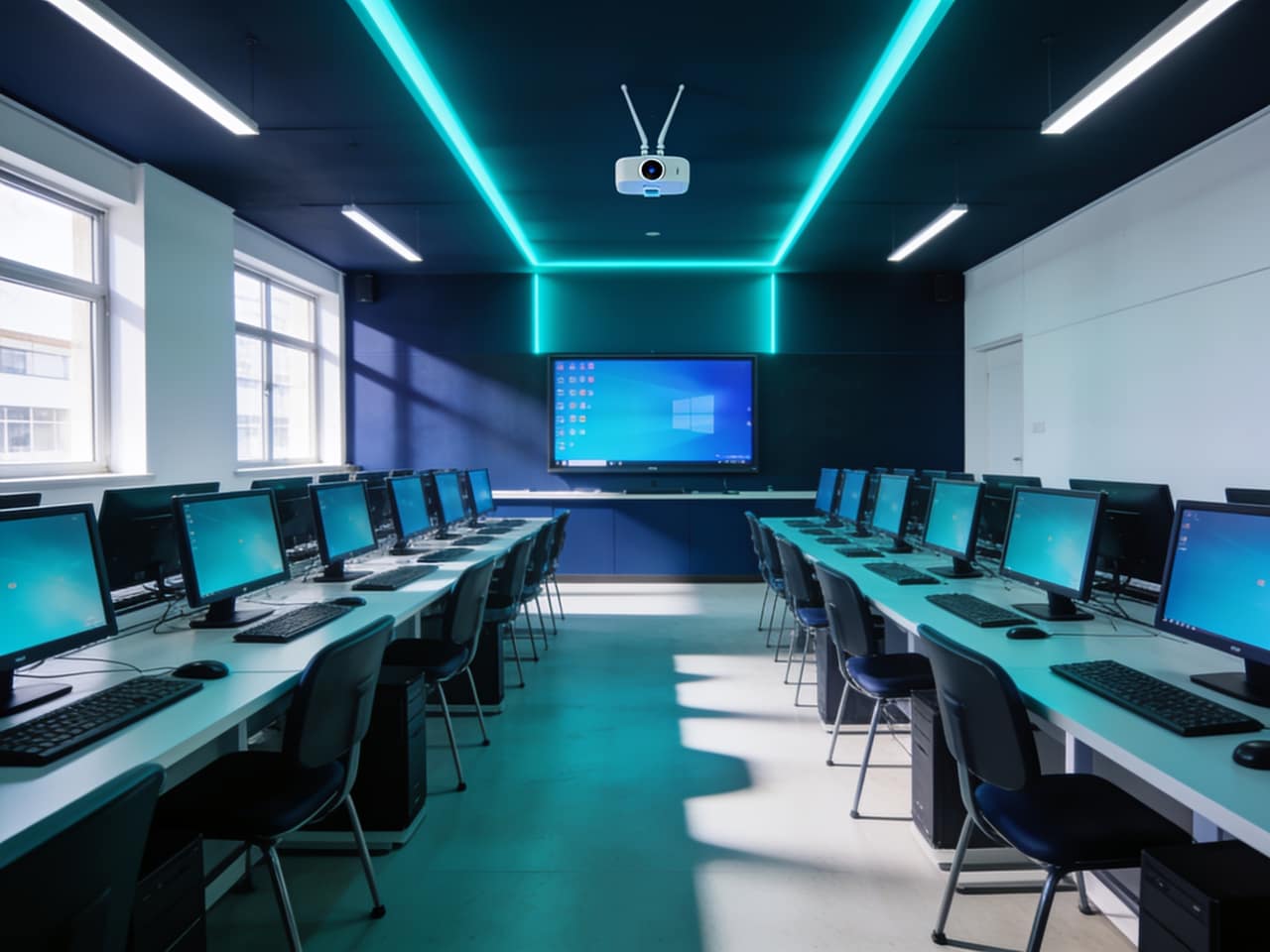 Modern school computer lab with rows of desktop computers