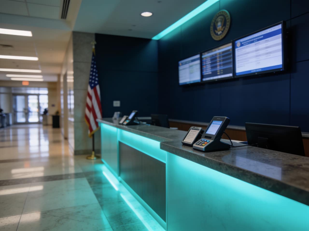 Government building lobby with a security desk, badge readers and an American flag