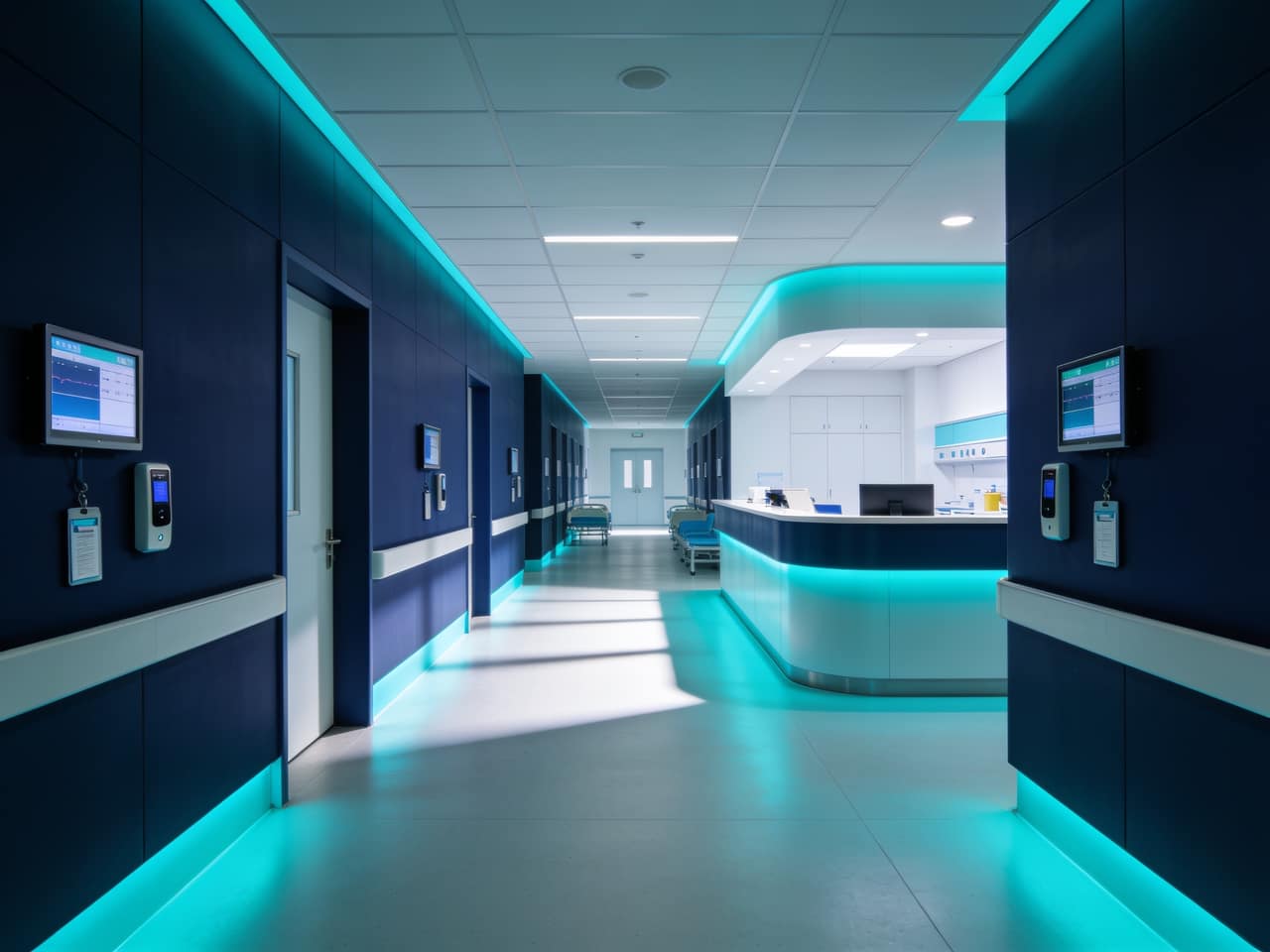Clean modern healthcare clinic corridor with a nurse station
