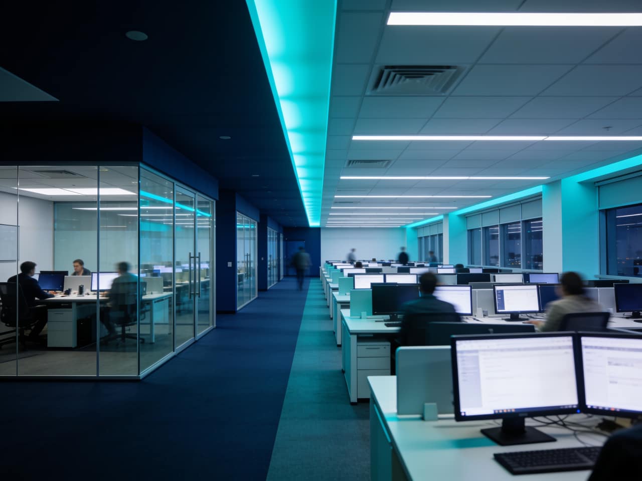 Modern open-plan commercial office with rows of workstations