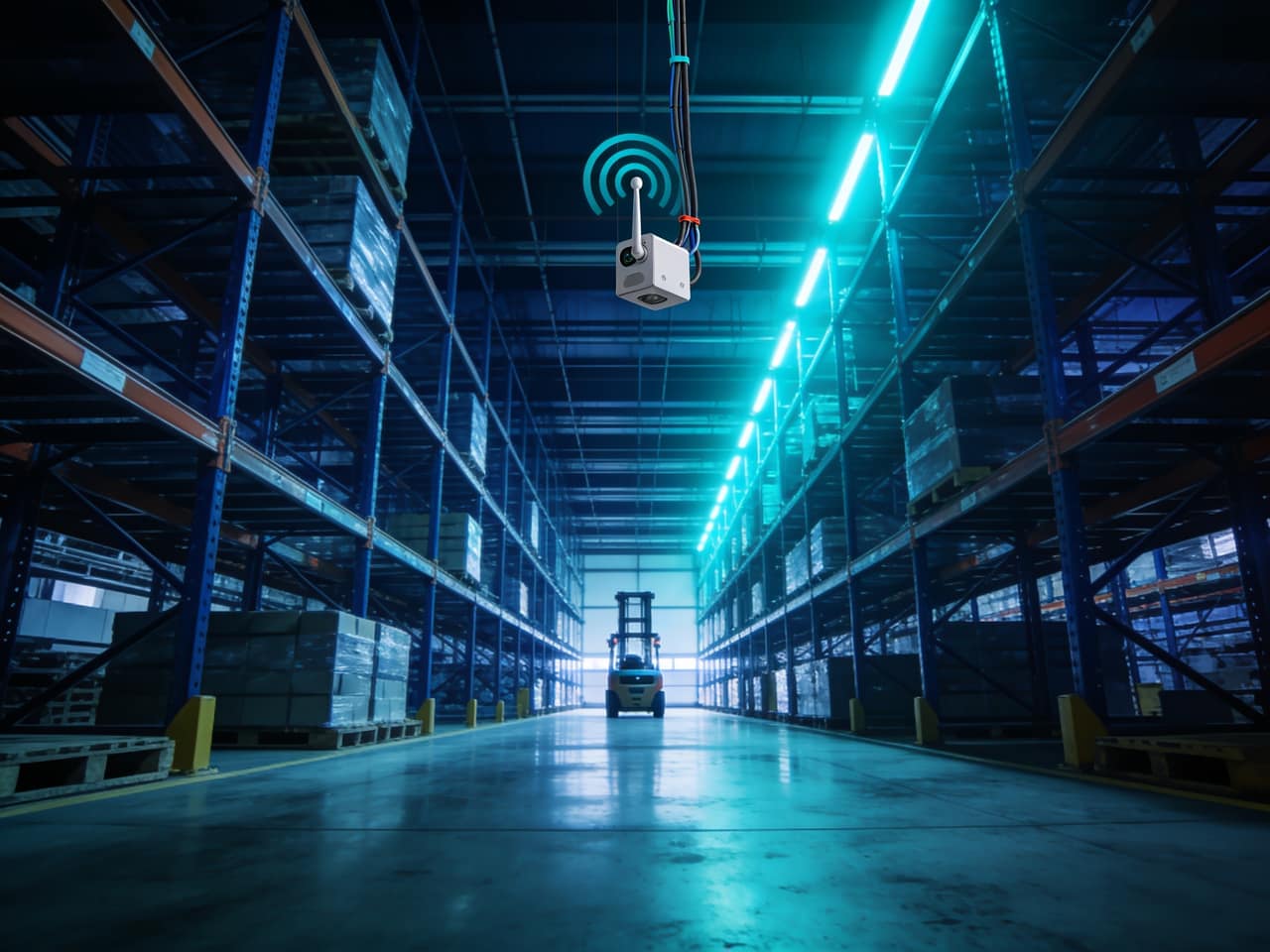 Large distribution warehouse interior with tall industrial racking