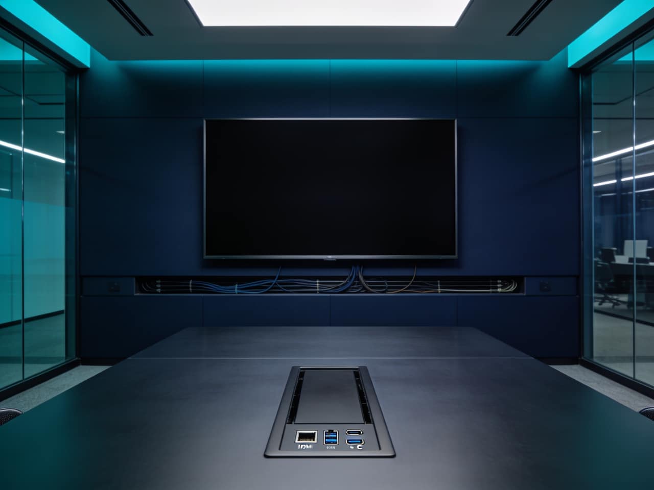Modern conference room with a wall-mounted display and a flush AV connectivity plate