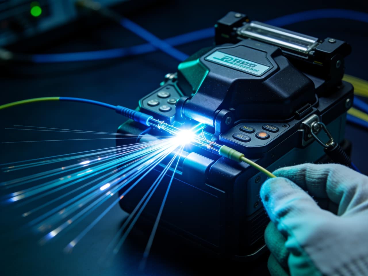 Fiber optic fusion splicer joining single-mode fiber strands with a bright point of light