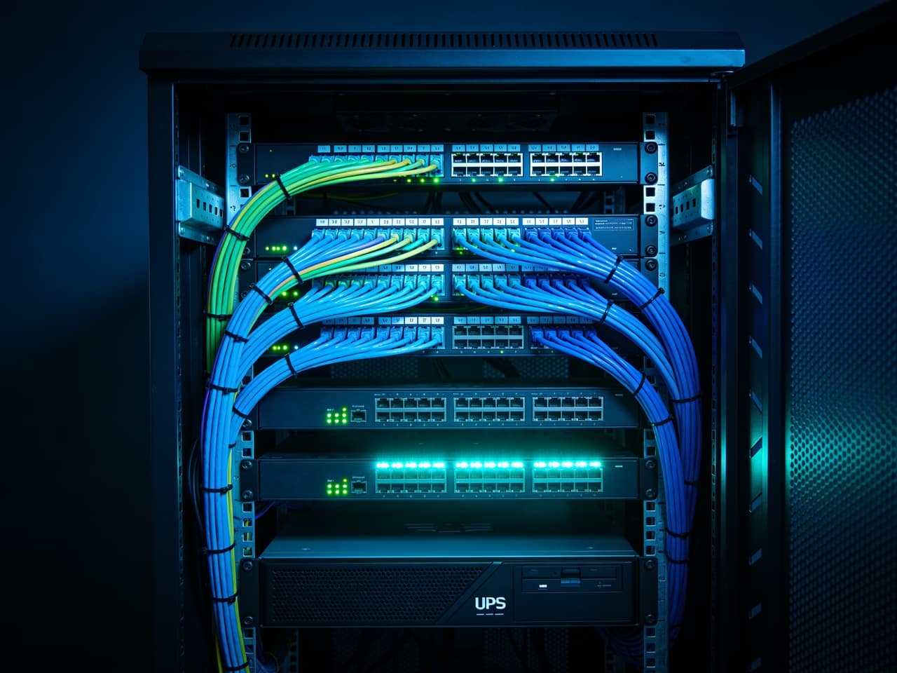 Network rack with immaculate cable management, patch panels, switches and a UPS
