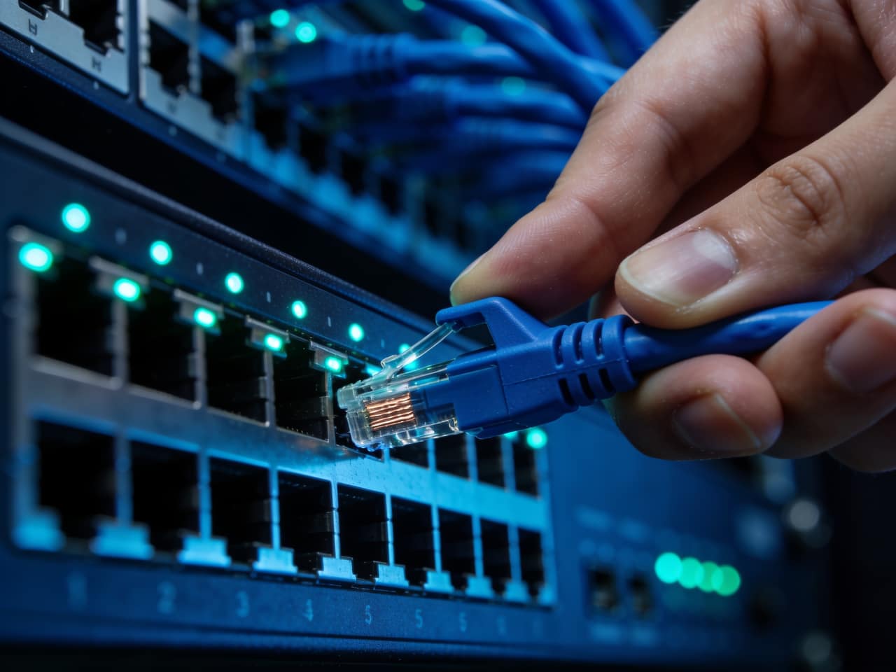 Technician plugging a Cat6a ethernet cable into a network switch port