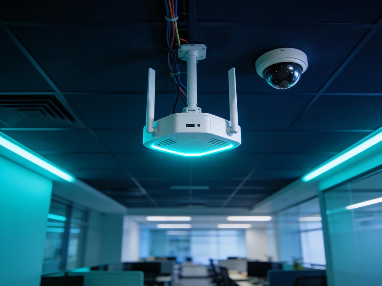 Ceiling-mounted enterprise wireless access point and security dome camera in a modern office